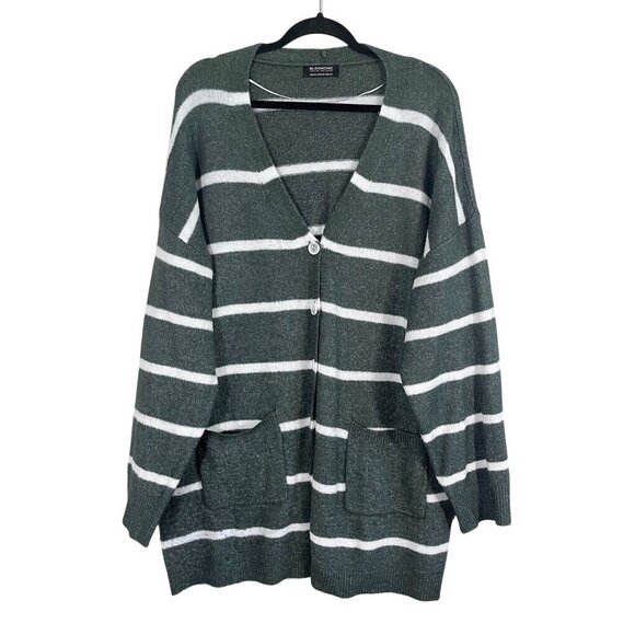 Bloomchic Sweater Women 22 Green Striped Oversized Grandpa Neutral Office Casual - Picture 1 of 12